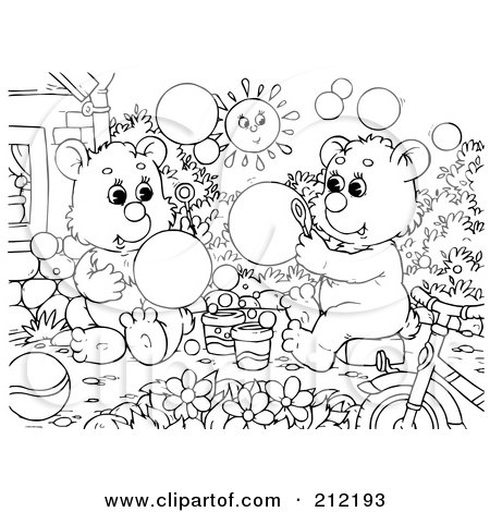 Royalty-Free (RF) Clipart Illustration of a Coloring Page Outline Of Bear Cubs Blowing Bubbles by Alex Bannykh