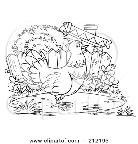 Royalty-Free (RF) Clipart Illustration of a Coloring Page Outline Of A Chicken By A Fence by Alex Bannykh