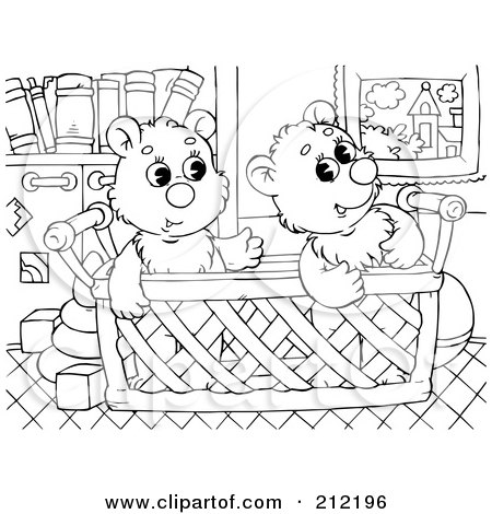Royalty-Free (RF) Clipart Illustration of a Coloring Page Outline Of Bear Cubs In A Basket by Alex Bannykh