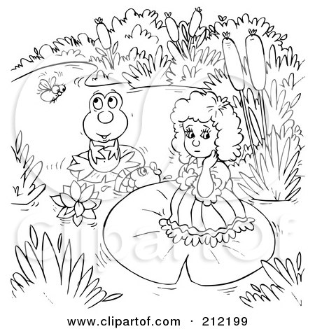 Royalty-Free (RF) Clipart Illustration of a Coloring Page Outline Of A Sad Girl By A Frog by Alex Bannykh