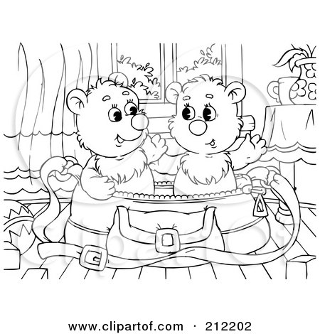 Royalty-Free (RF) Clipart Illustration of a Coloring Page Outline Of Bear Cubs In A Bag by Alex Bannykh