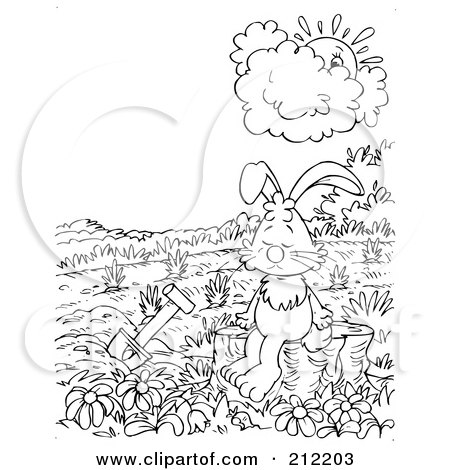Royalty-Free (RF) Clipart Illustration of a Coloring Page Outline Of A Sad Rabbit By A Garden by Alex Bannykh