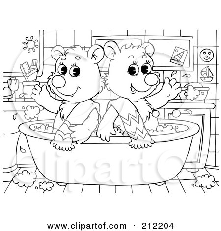 Royalty-Free (RF) Clipart Illustration of a Coloring Page Outline Of Bear Cubs In A Tub by Alex Bannykh