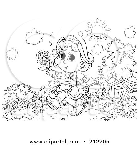 Royalty-Free (RF) Clipart Illustration of a Coloring Page Outline Of A Girl Carrying A Basket And Flowers by Alex Bannykh