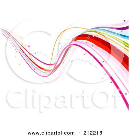 Royalty-Free (RF) Clipart Illustration of a Swooshing Rainbow Wave Of Ribbons And Sparkles On White by BNP Design Studio