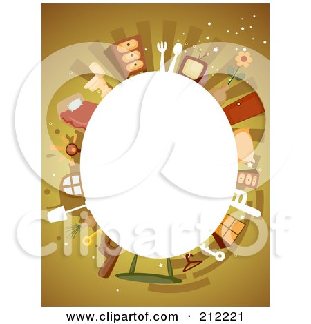 Royalty-Free (RF) Clipart Illustration of a White Oval Framed By Household Items On Brown by BNP Design Studio