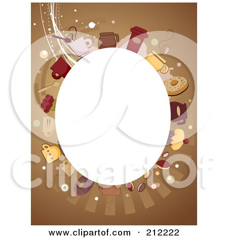 Royalty-Free (RF) Clipart Illustration of a White Oval Framed By Coffee Items On Brown by BNP Design Studio