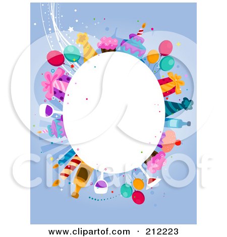 Royalty-Free (RF) Clipart Illustration of a White Oval Framed By Birthday Items On Blue by BNP Design Studio