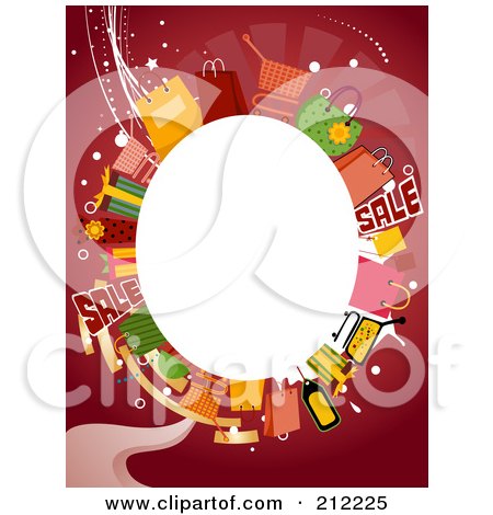 Royalty-Free (RF) Clipart Illustration of a White Oval Framed By Shopping Items On Red by BNP Design Studio