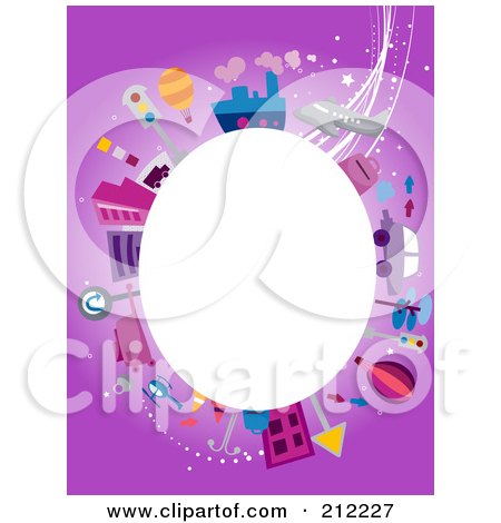Royalty-Free (RF) Clipart Illustration of a White Oval Framed By Travel Items On Purple by BNP Design Studio