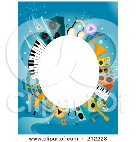 Royalty-Free (RF) Clipart Illustration of a White Oval Framed By Music Items On Blue by BNP Design Studio