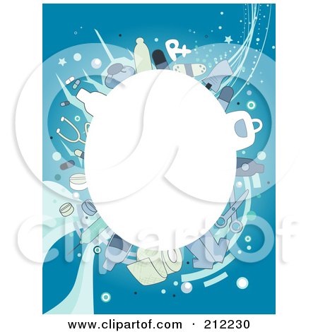 Royalty-Free (RF) Clipart Illustration of a White Oval Framed By Medical Items On Blue by BNP Design Studio