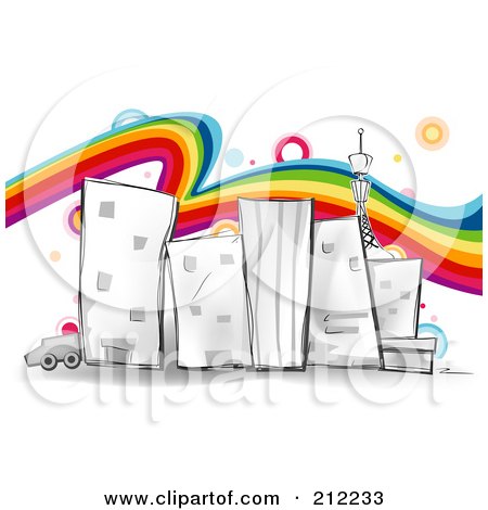 Royalty-Free (RF) Clipart Illustration of a Rainbow Flowing Through A Sketched City by BNP Design Studio