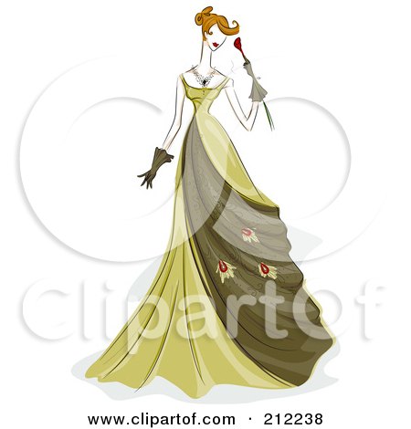 Royalty-Free (RF) Clipart Illustration of a Sketched Woman In A Green Evening Gown by BNP Design Studio