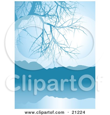 Clipart Illustration of a Blue Lake Scene With A Bare Tree And Mountains Around Still Waters by elaineitalia