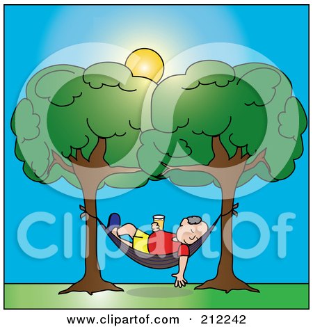 Royalty-Free (RF) Clipart Illustration of a Relaxed Senior Caucasian Man With A Beverage, Sleeping In A Hammock Between Two Trees by Pams Clipart