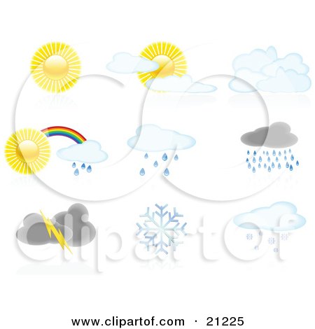 Clipart Illustration of a Collection Of Icons Showing Full Sun, Partly Cloudy, Cloudy, Rainbows, Showers, Storms, And Snowflakes by elaineitalia