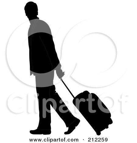 Royalty-Free (RF) Clipart Illustration of a Black Silhouetted Businessman Walking And Pulling Rolling Luggage by Pams Clipart