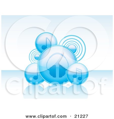 Clipart Illustration of Blue Audo Icons Of Notes, Speakers And Headphones On A Reflective Blue Surface by elaineitalia