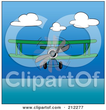 Royalty-Free (RF) Clipart Illustration of a Green Biplane In Flight Over The Ocean by Pams Clipart