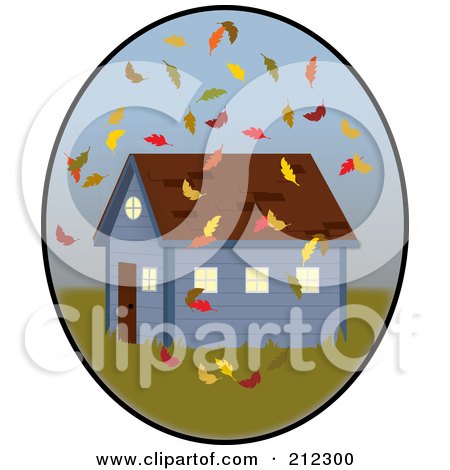 Royalty-Free (RF) Clipart Illustration of Autumn Leaves Falling Around A House In An Oval by Pams Clipart