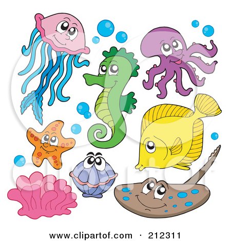 Royalty-Free (RF) Clipart Illustration of a Digital Collage Of A Jellyfish, Seahorse, Octopus, Fish, Starfish, Clam, Corals And Ray by visekart
