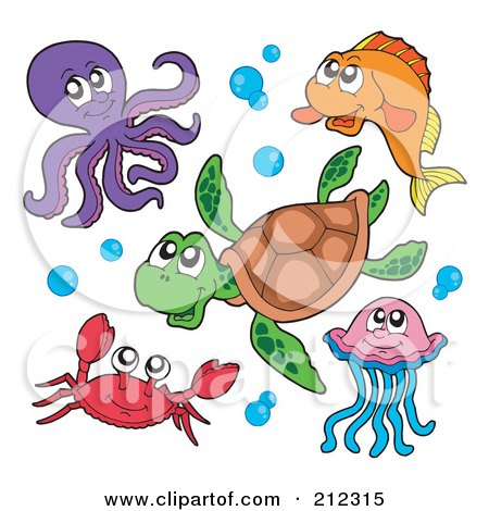 Royalty-Free (RF) Clipart Illustration of a Digital Collage Of An Octopus, Fish, Sea Turtle, Crab And Jellyfish by visekart