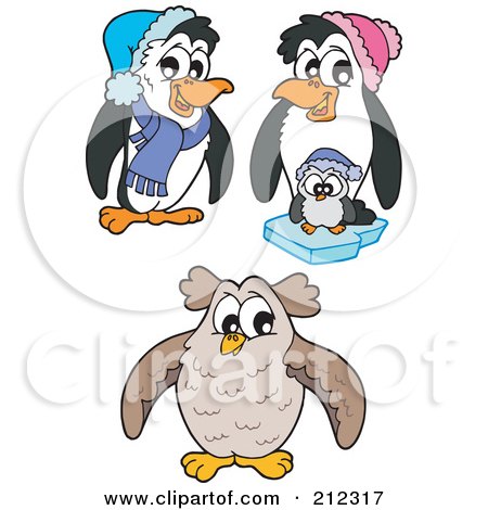 Royalty-Free (RF) Clipart Illustration of a Digital Collage Of Cute Penguins And An Owl by visekart