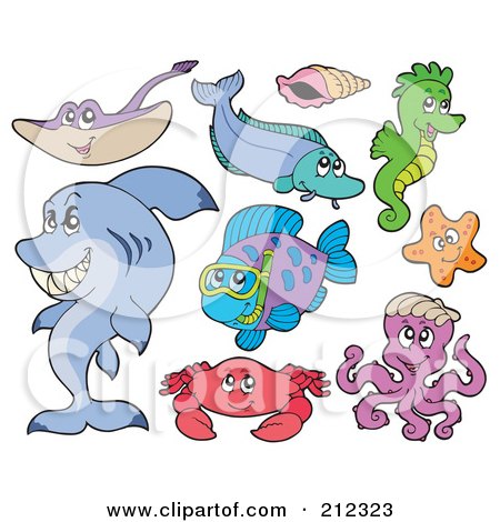 Royalty-Free (RF) Clipart Illustration of a Digital Collage Of A Ray, Fish, Shell, Seahorse, Starfish, Shark, Crab And Octopus by visekart