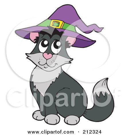Royalty-Free (RF) Clipart Illustration of a Halloween Cat Wearing A Witch Hat by visekart