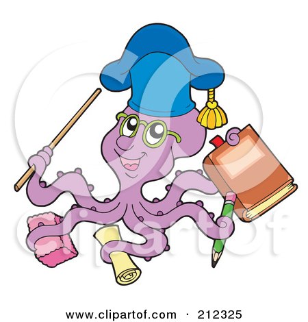 Royalty-Free (RF) Clipart Illustration of a Purple Octopus Teacher With School Items by visekart