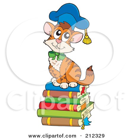 Royalty-Free (RF) Clipart Illustration of a Cat Professor Sitting On A Stack Of Books by visekart