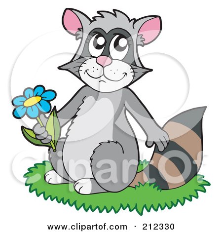 Royalty-Free (RF) Clipart Illustration of a Cute Raccoon Sitting In Grass And Holding A Flower by visekart
