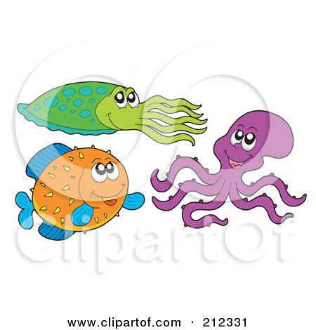 Royalty-Free (RF) Clipart Illustration of a Digital Collage Of A Squid, Octopus And Puffer Fish by visekart