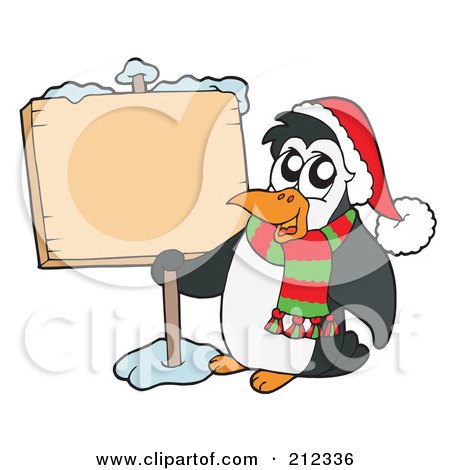 Royalty-Free (RF) Clipart Illustration of a Cute Penguin With A Scarf And Hat, By A Blank Sign by visekart