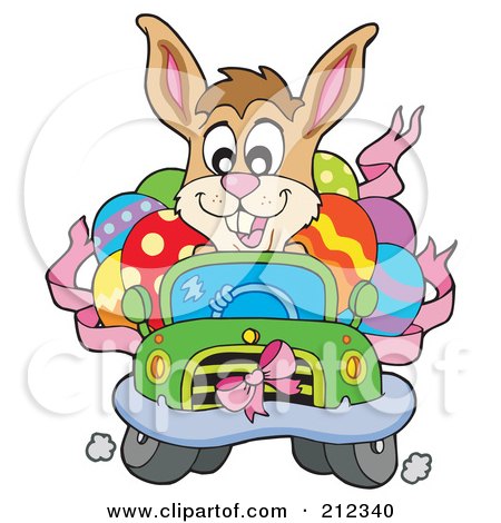 Royalty-Free (RF) Clipart Illustration of a Happy Easter Rabbit Driving A Car Full Of Eggs by visekart