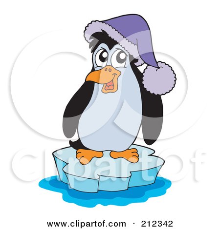 Royalty-Free (RF) Clipart Illustration of a Cute Penguin Wearing A Purple Hat On An Iceberg by visekart