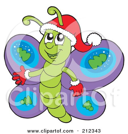Royalty-Free (RF) Clipart Illustration of a Cute Christmas Butterfly Wearing Mittens And A Hat by visekart
