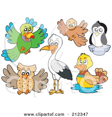 Royalty-Free (RF) Clipart Illustration of a Digital Collage Of A Parrot, Owl, Heron, Penguin, Bird And Duck by visekart