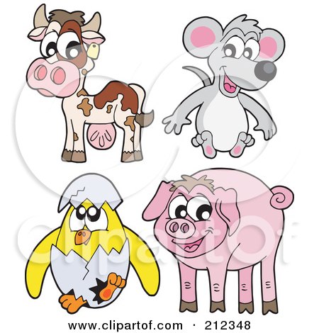 Royalty-Free (RF) Clipart Illustration of a Digital Collage Of A Cow, Mouse, Hatching Chick And Pig by visekart