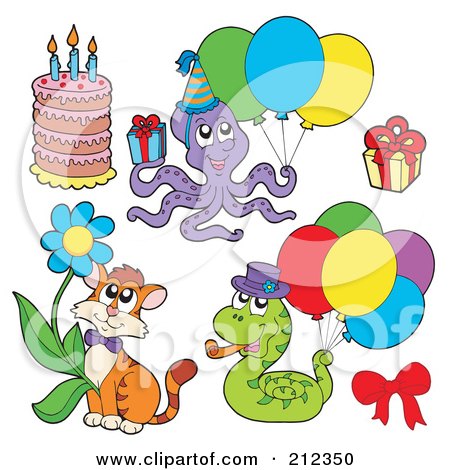Royalty-Free (RF) Clipart Illustration of a Digital Collage Of A Party Octopus, Cake, Present, Cat And Snake by visekart