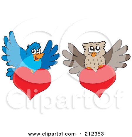 Royalty-Free (RF) Clipart Illustration of a Digital Collage Of Blue Bird And Owl Valentines by visekart