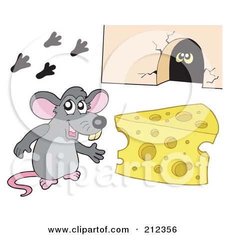 Royalty-Free (RF) Clipart Illustration of a Cute Gray Mouse By Cheese And A Hole by visekart