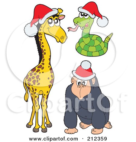Royalty-Free (RF) Clipart Illustration of a Digital Collage Of A Christmas Giraffe, Snake And Gorilla by visekart