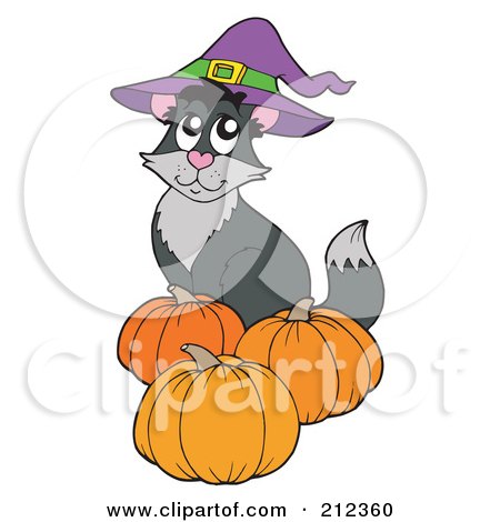 Royalty-Free (RF) Clipart Illustration of a Halloween Cat Wearing A Witch Hat And Sitting By Pumpkins by visekart