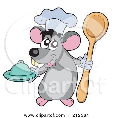 Royalty-Free (RF) Clipart Illustration of a Cute Gray Chef Mouse With A Platter And Spoon by visekart