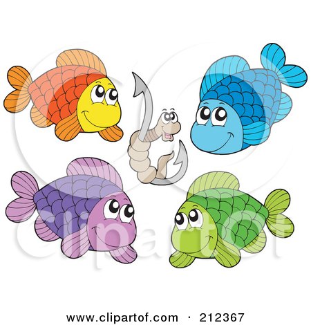 Royalty-Free (RF) Clipart Illustration of a Digital Collage Of Four Fish And A Worm On A Hook by visekart