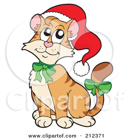 Royalty-Free (RF) Clipart Illustration of a Cute Christmas Cat Wearing A Santa Hat And Green Bows by visekart