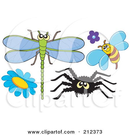 Royalty-Free (RF) Clipart Illustration of a Digital Collage Of A Dragonfly, Bee, Spider And Flowers by visekart