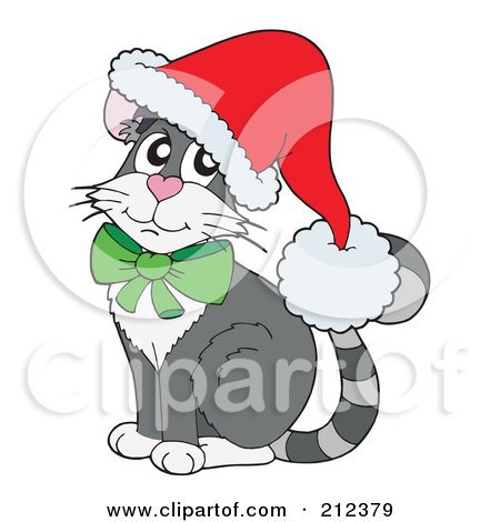 Royalty-Free (RF) Clipart Illustration of a Gray Christmas Cat Wearing A Santa Hat by visekart